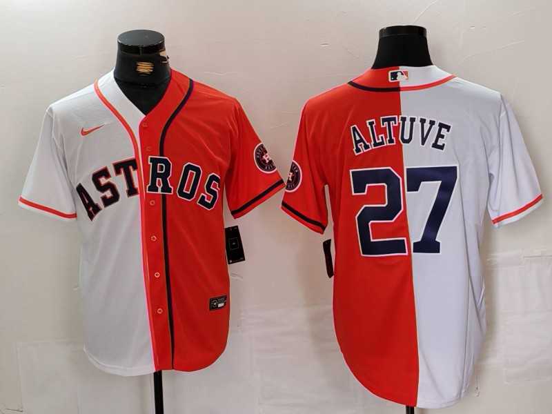 Mens Houston Astros #27 Jose Altuve White Orange Blue Number Split Stitched Baseball Jersey Dzhi